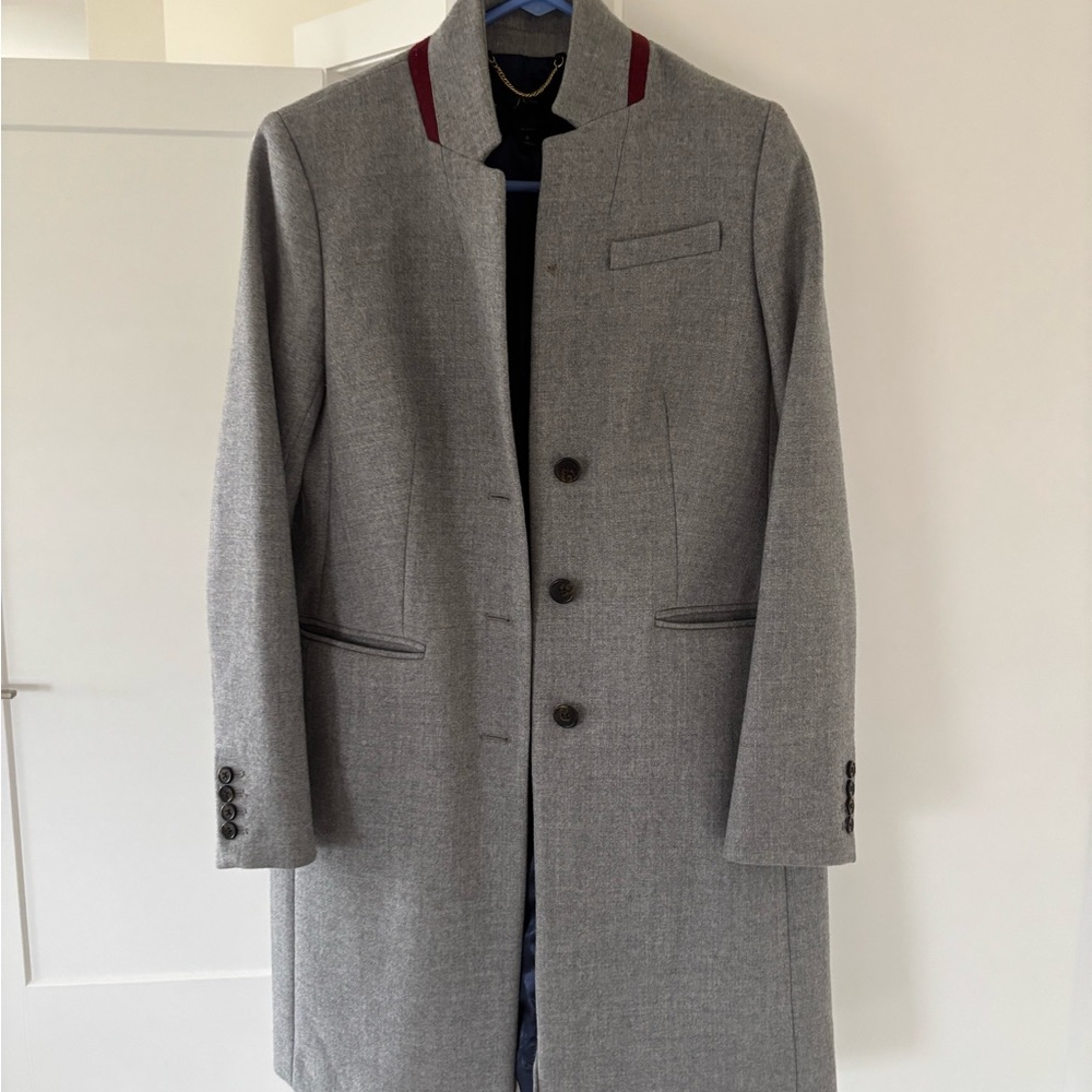 Gray Wool Blend Coat with Red Accents